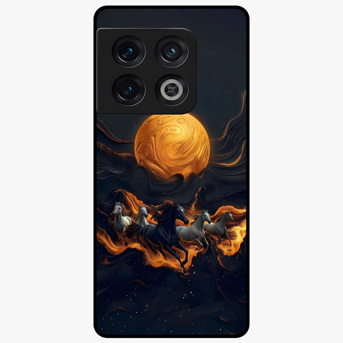 Golden Stallion Moonride Glass Case showing flat back view with majestic horse under moonlight artwork and glossy glass finish.