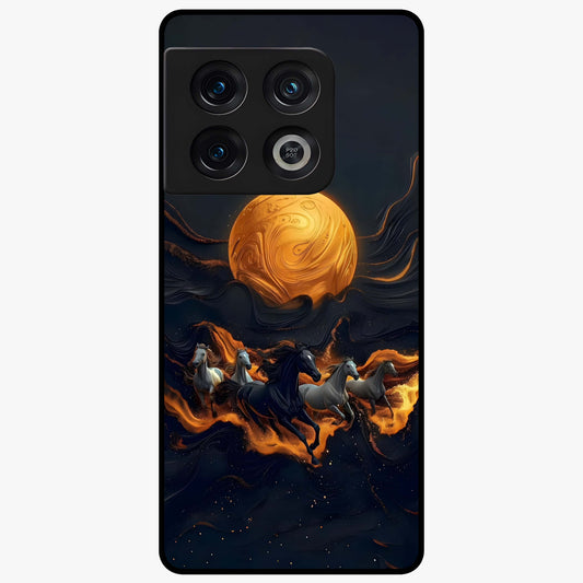 Golden Stallion Moonride Glass Case showing flat back view with majestic horse under moonlight artwork and glossy glass finish.