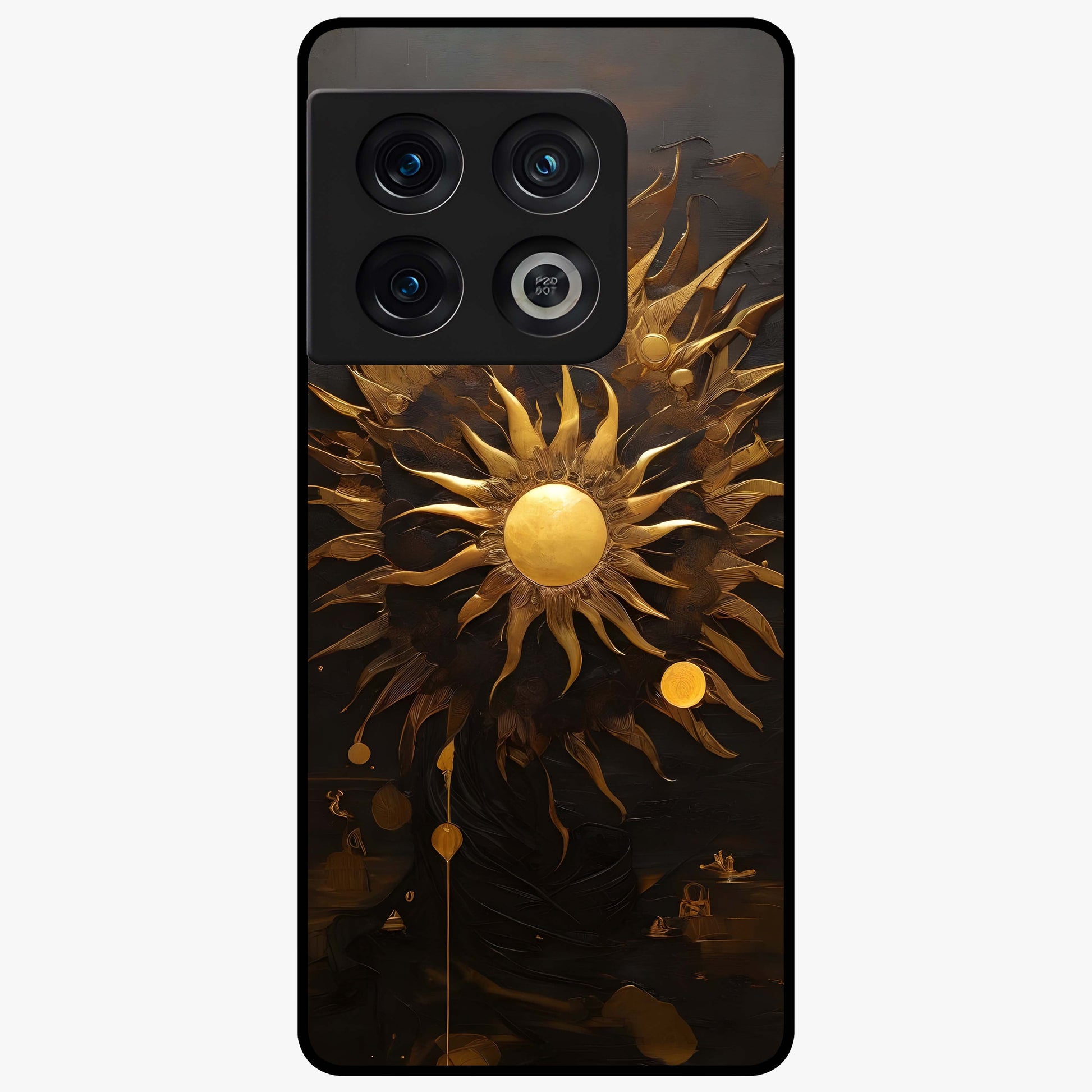 Golden Sun Majesty Glass Case showing flat back view with radiant golden sun artwork and glossy glass finish.