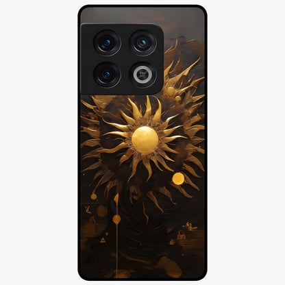 Golden Sun Majesty Glass Case showing flat back view with radiant golden sun artwork and glossy glass finish.