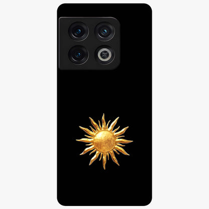 Golden Sun Minimalism Glass Case showing flat back view with minimal golden sun artwork and glossy glass finish.