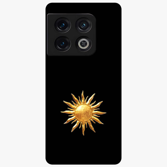 Golden Sun Minimalism Glass Case showing flat back view with minimal golden sun artwork and glossy glass finish.