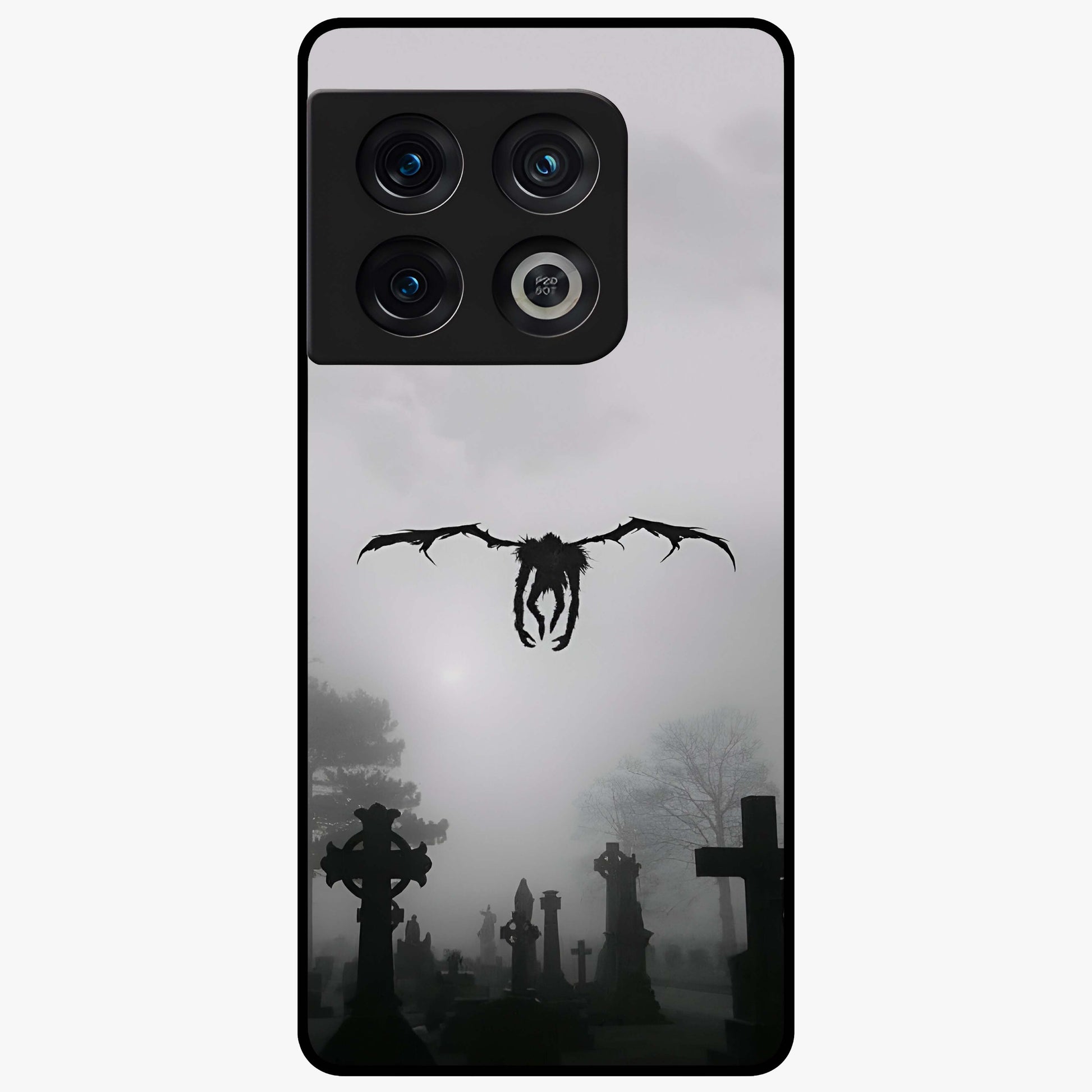 Graveyard Shadow Descent Glass Case showing flat back view with dark graveyard themed artwork and glossy glass finish.