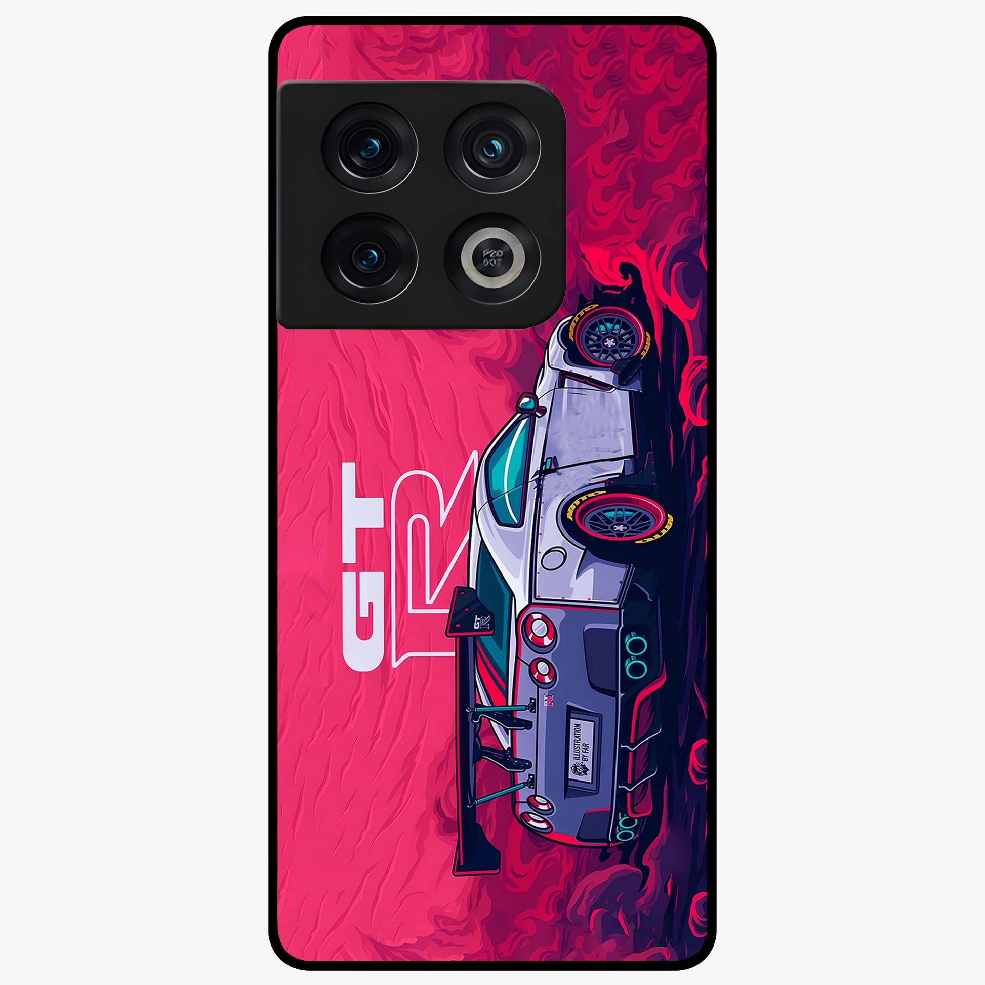GT-R Car Pattern Glass Case showing flat back view with sporty car inspired pattern artwork and glossy glass finish.