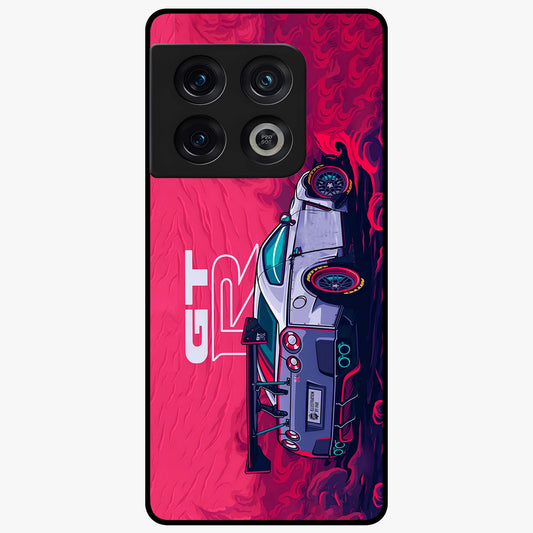 GT-R Car Pattern Glass Case showing flat back view with sporty car inspired pattern artwork and glossy glass finish.