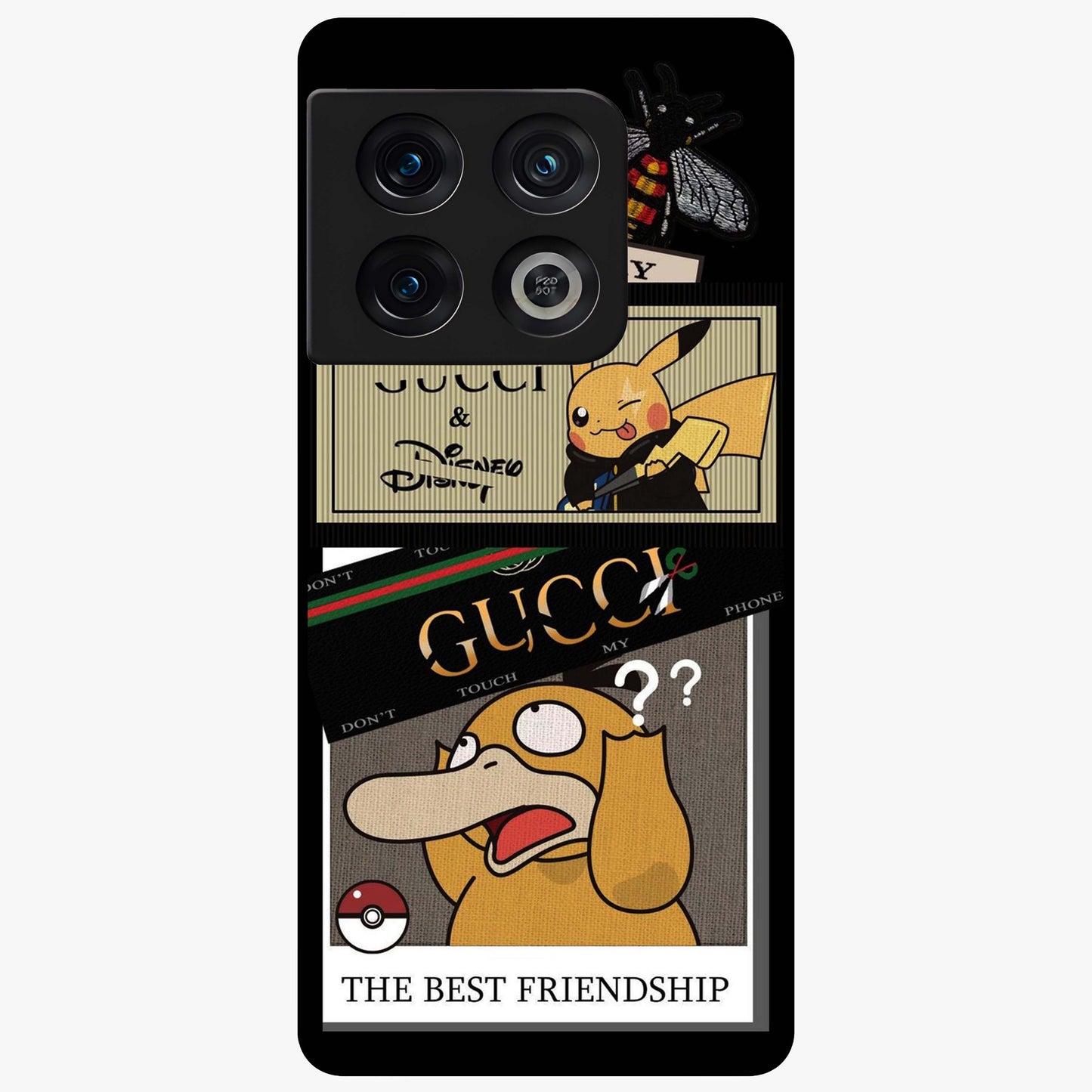 Gucci Play Mashup Glass Case showing flat back view with luxury inspired graphic artwork and glossy glass finish.