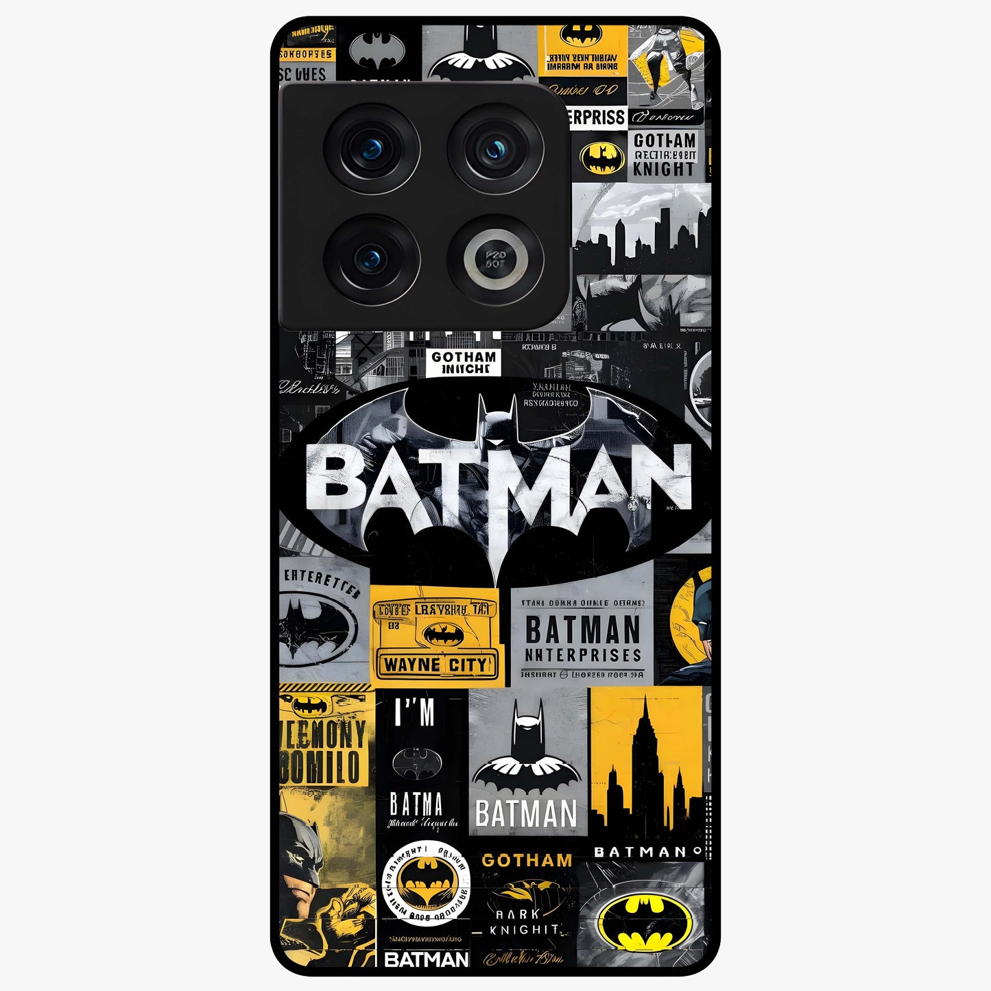 Knight Gotham Rise Glass Case showing flat back view with dark hero inspired artwork and glossy glass finish.