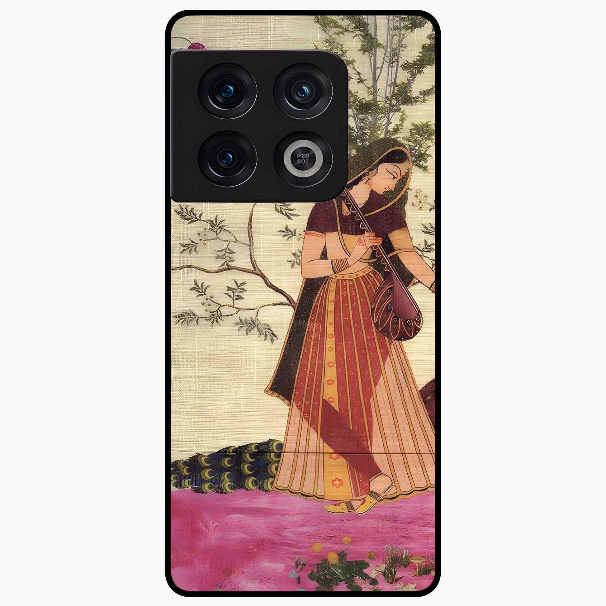 Lady With Veena Art Glass Case showing flat back view with elegant woman playing veena artwork and glossy glass finish.