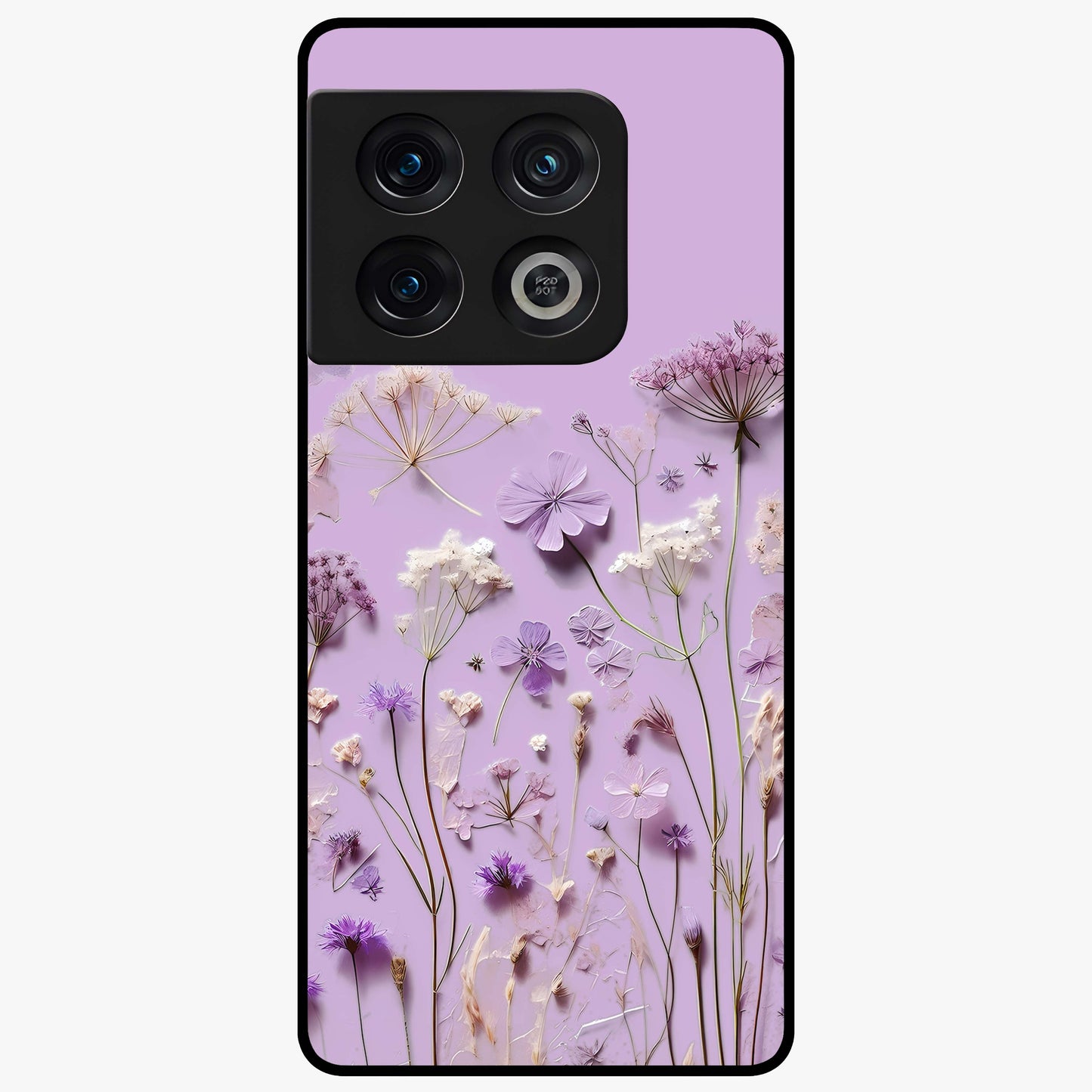 Lavender Blossom Dream Glass Case showing flat back view with soft lavender floral artwork and glossy glass finish.