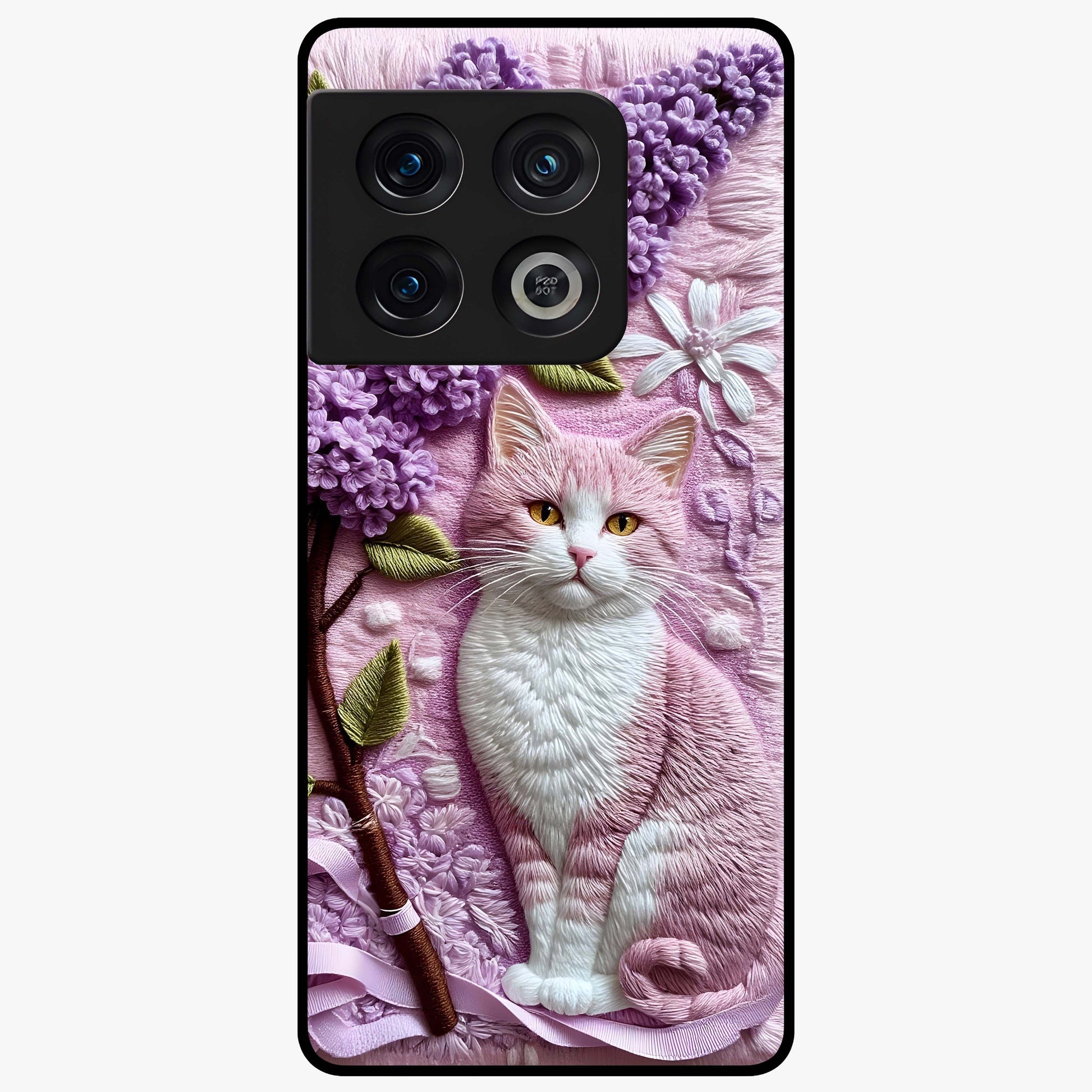 Lavender Cat Whimsy Glass Case showing flat back view with cute lavender cat artwork and glossy glass finish.