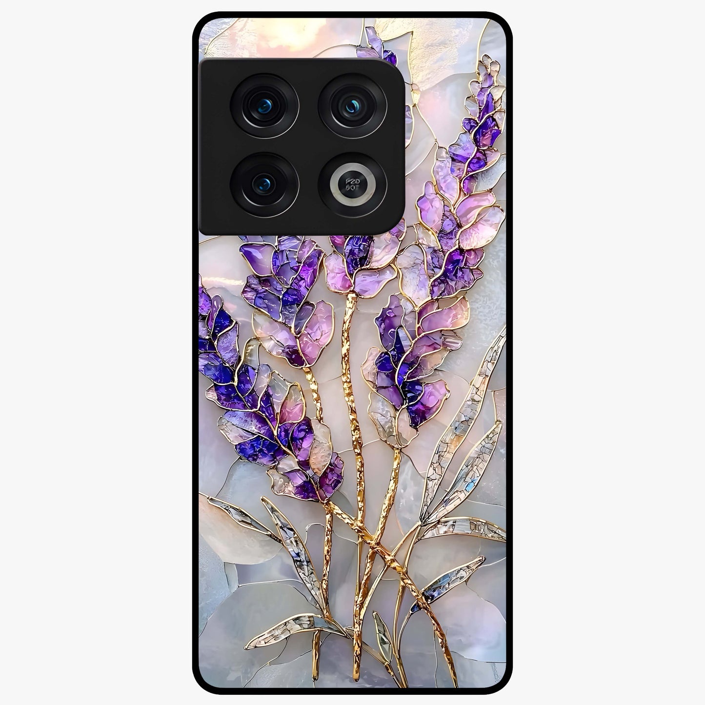 Lavender Dream Glow Glass Case showing flat back view with glowing lavender aesthetic artwork and glossy glass finish.