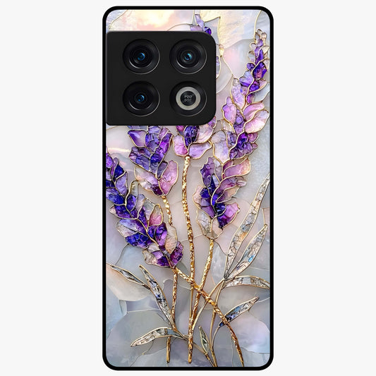 Lavender Dream Glow Glass Case showing flat back view with glowing lavender aesthetic artwork and glossy glass finish.