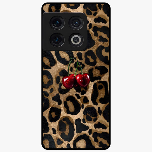 Leopard Wild Cherry Glass Case showing flat back view with leopard pattern and cherry artwork and glossy glass finish.