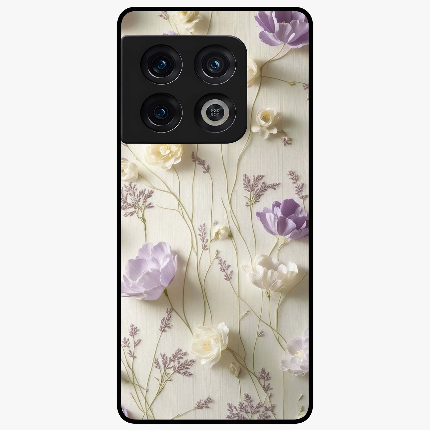 Lilac Breeze Harmony Glass Case showing flat back view with soft lilac themed artwork and glossy glass finish.