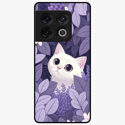 Lilac Hide Peek Cat Glass Case showing flat back view with cute peeking cat artwork and glossy glass finish.