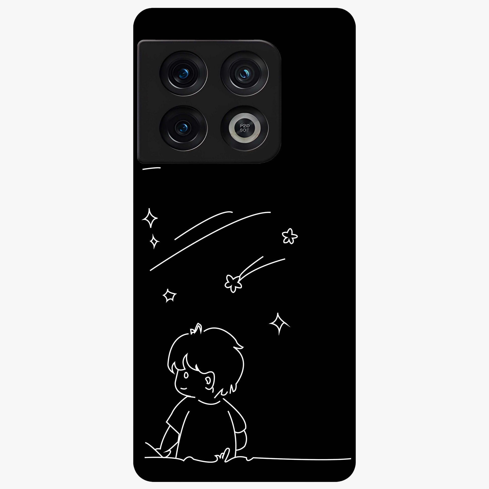 Line Art Boy With Shooting Stars Glass Case showing flat back view with minimal line art boy and shooting stars illustration and glossy glass finish.