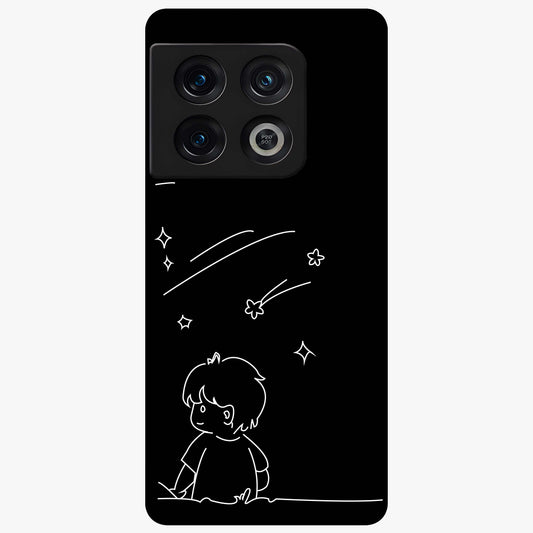 Line Art Boy With Shooting Stars Glass Case showing flat back view with minimal line art boy and shooting stars illustration and glossy glass finish.