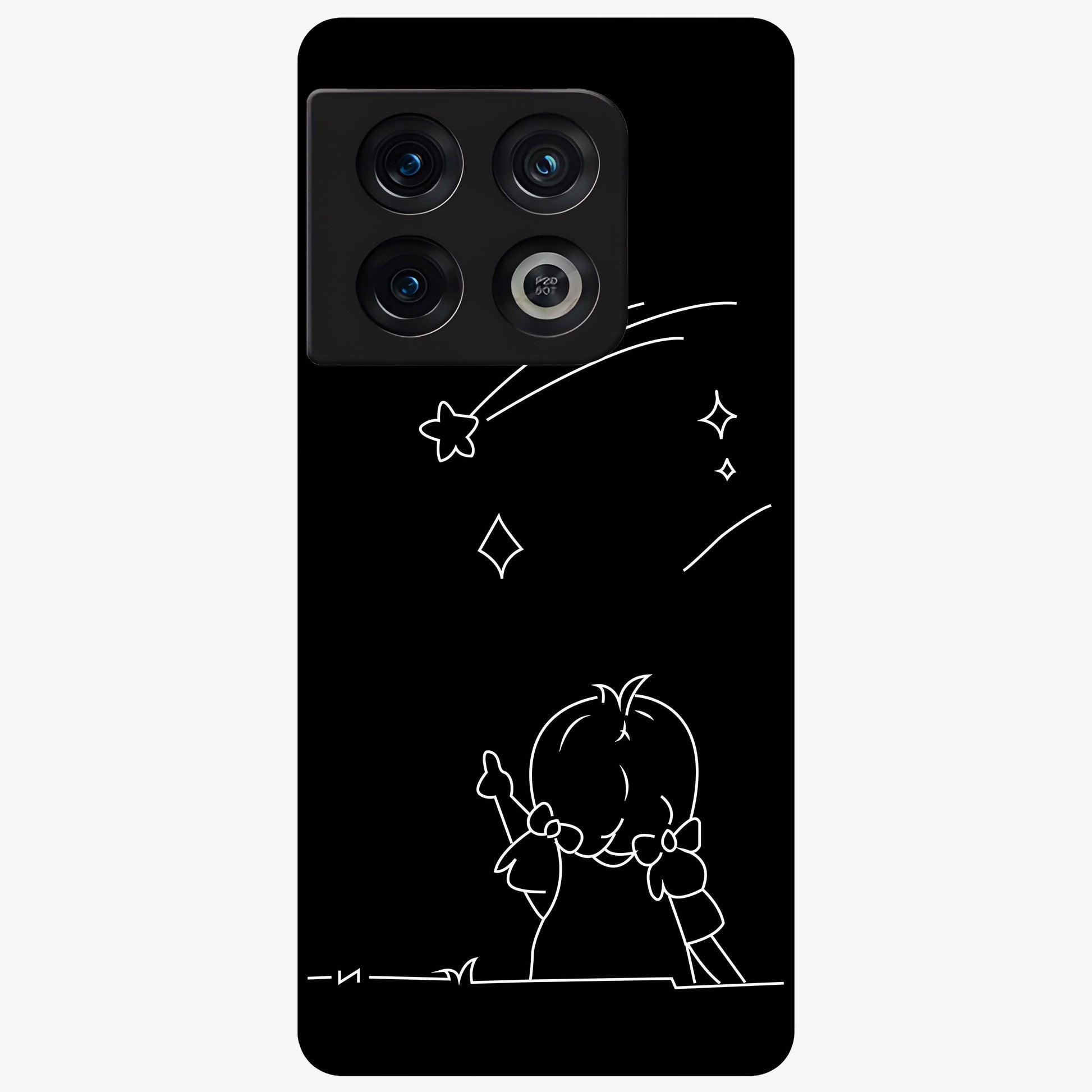 Line Art Girl With Shooting Stars Glass Case showing flat back view with minimal line art girl and shooting stars illustration and glossy glass finish.