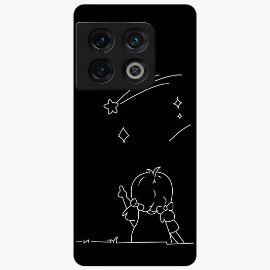 Line Art Girl With Shooting Stars Glass Case showing flat back view with minimal line art girl and shooting stars illustration and glossy glass finish.