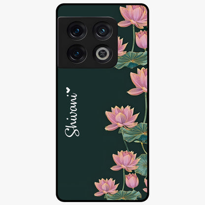 Lotus Bloom Serenity Custom Name Glass Case showing flat back view with elegant lotus flower artwork and personalized name design.