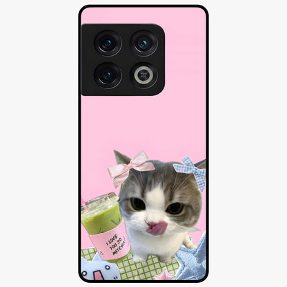 Love Matcha Cat Glass Case showing flat back view with cute cat and matcha themed artwork and glossy glass finish.