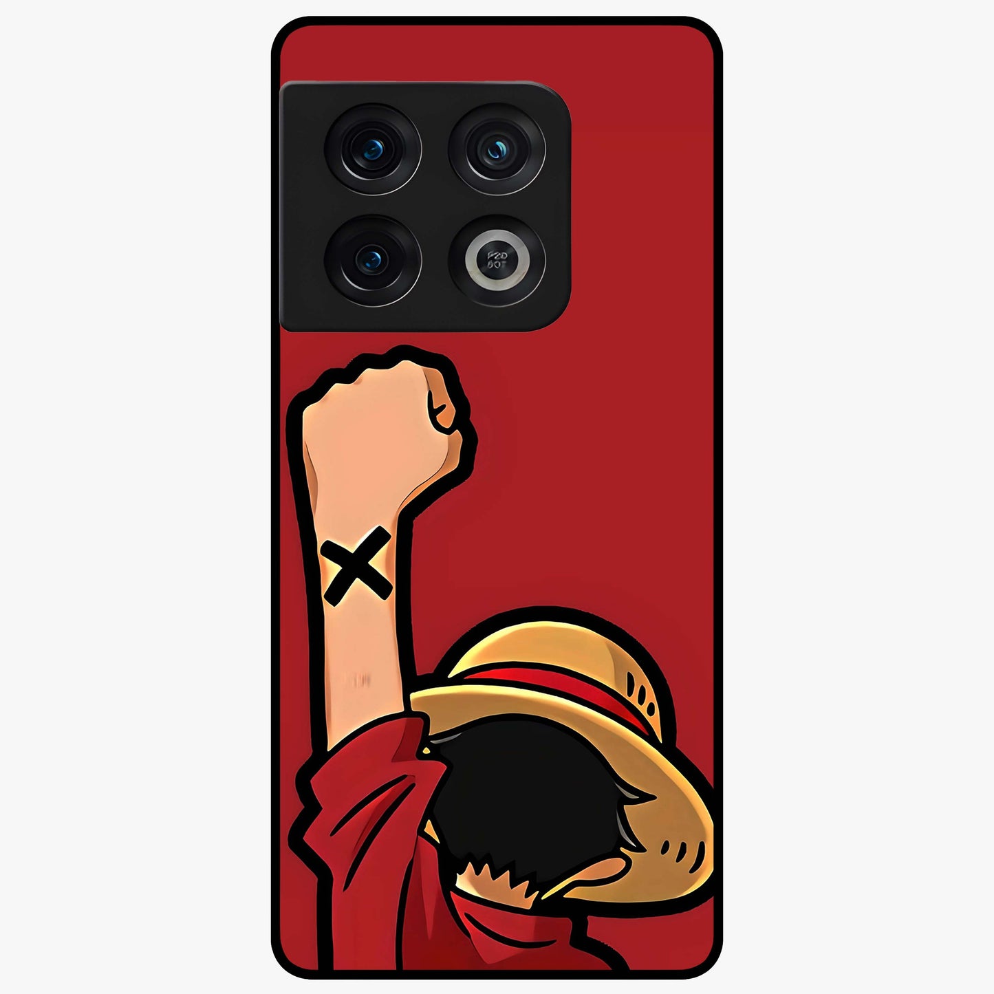 Luffy X Spirit Glass Case showing flat back view with bold anime character artwork and glossy glass finish.