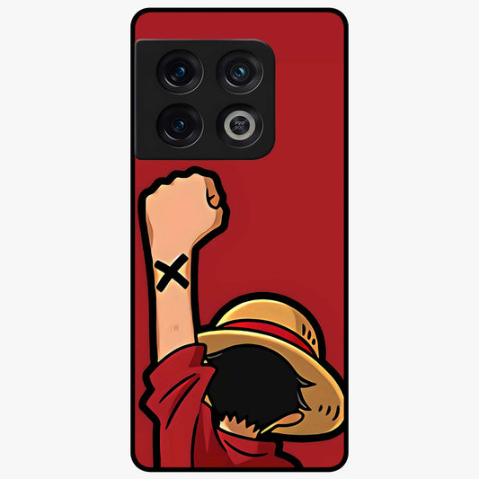 Luffy X Spirit Glass Case showing flat back view with bold anime character artwork and glossy glass finish.