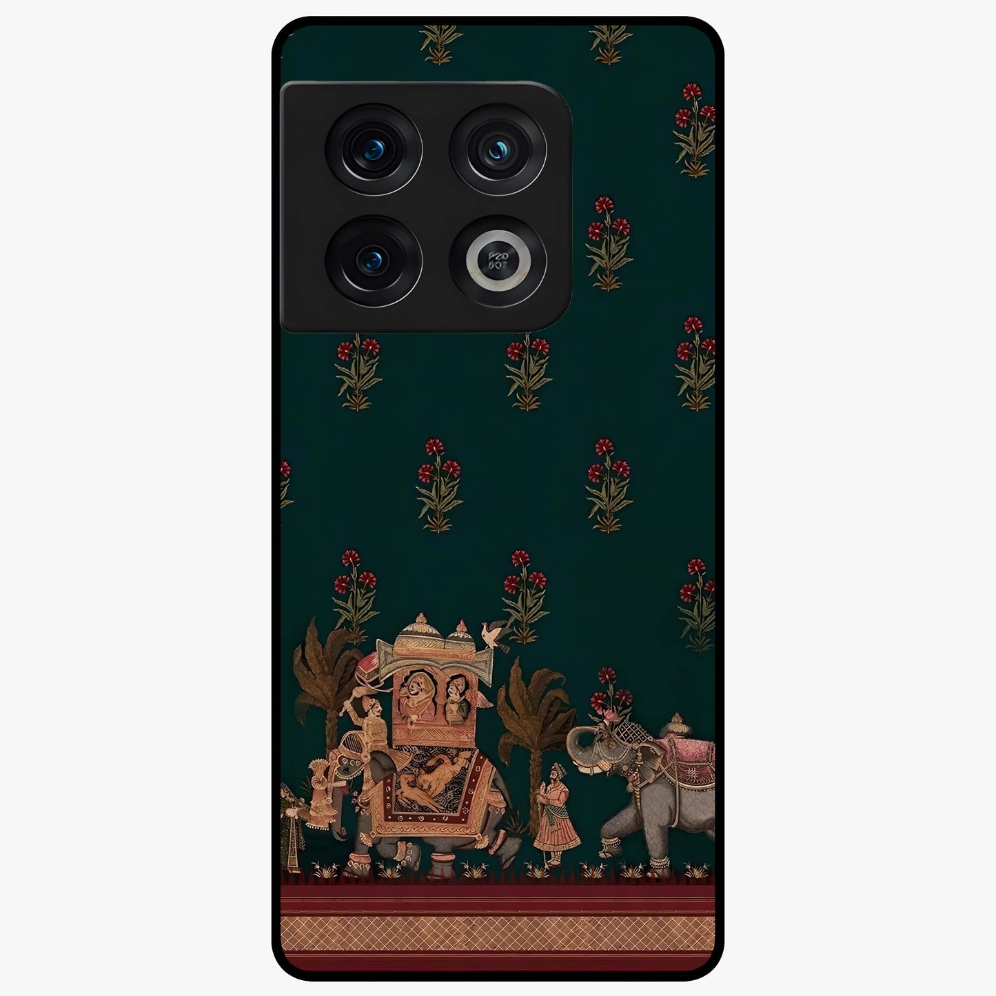 Macmerise Glass Case showing flat back view with stylish modern artwork and glossy glass finish.