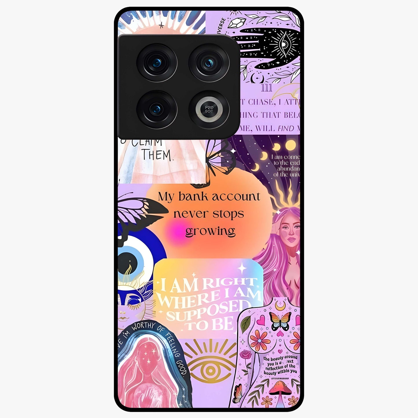 Manifestation Collage Glass Case showing flat back view with motivational collage artwork and glossy glass finish.