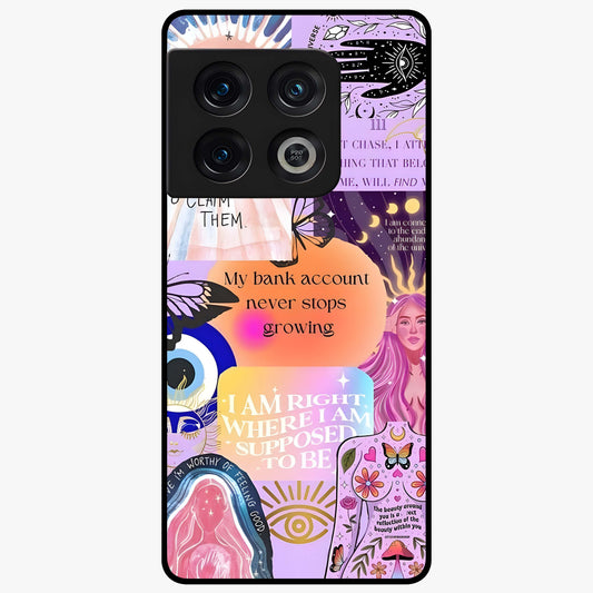 Manifestation Collage Glass Case showing flat back view with motivational collage artwork and glossy glass finish.
