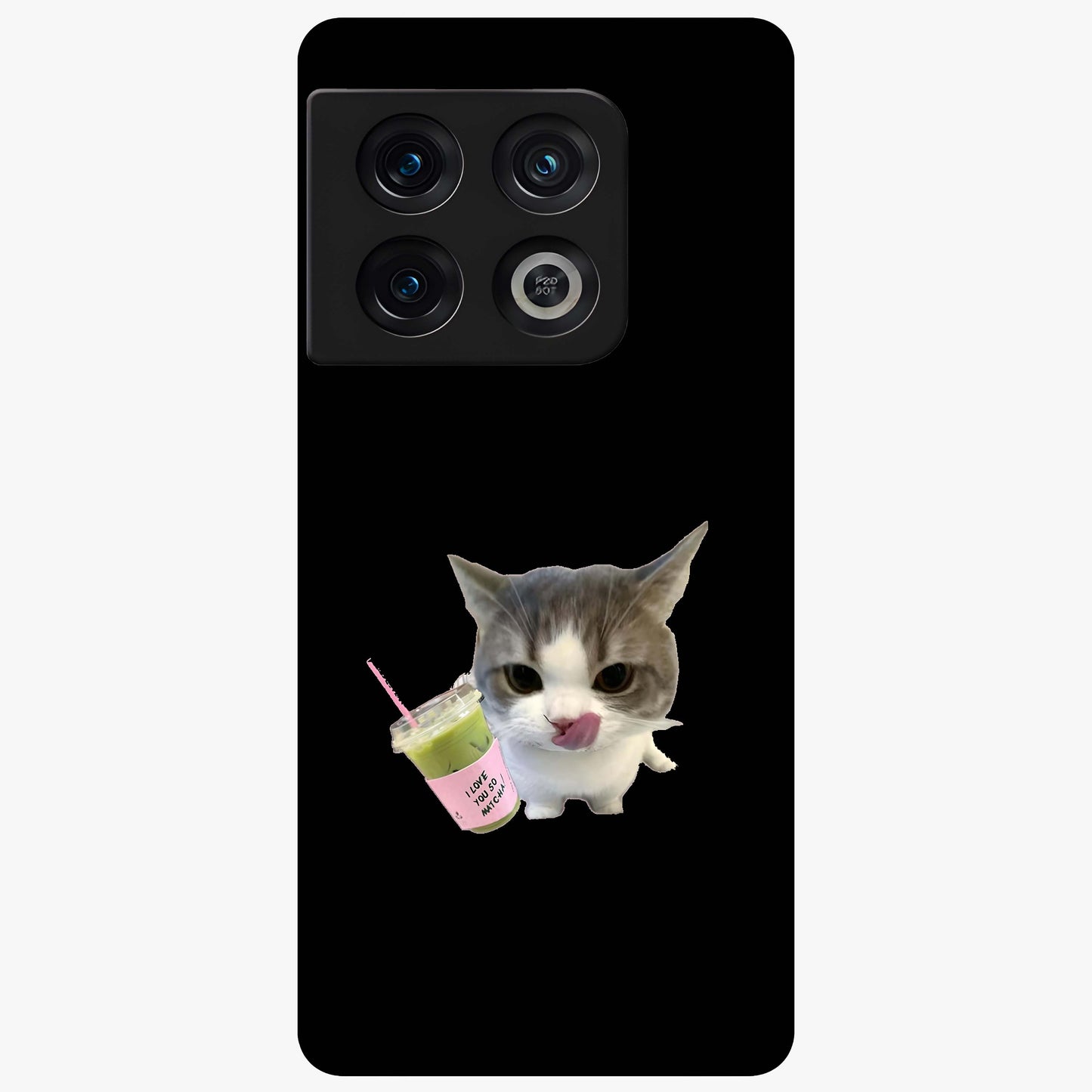 Matcha Cat Style Glass Case showing flat back view with cute matcha themed cat artwork and glossy glass finish.