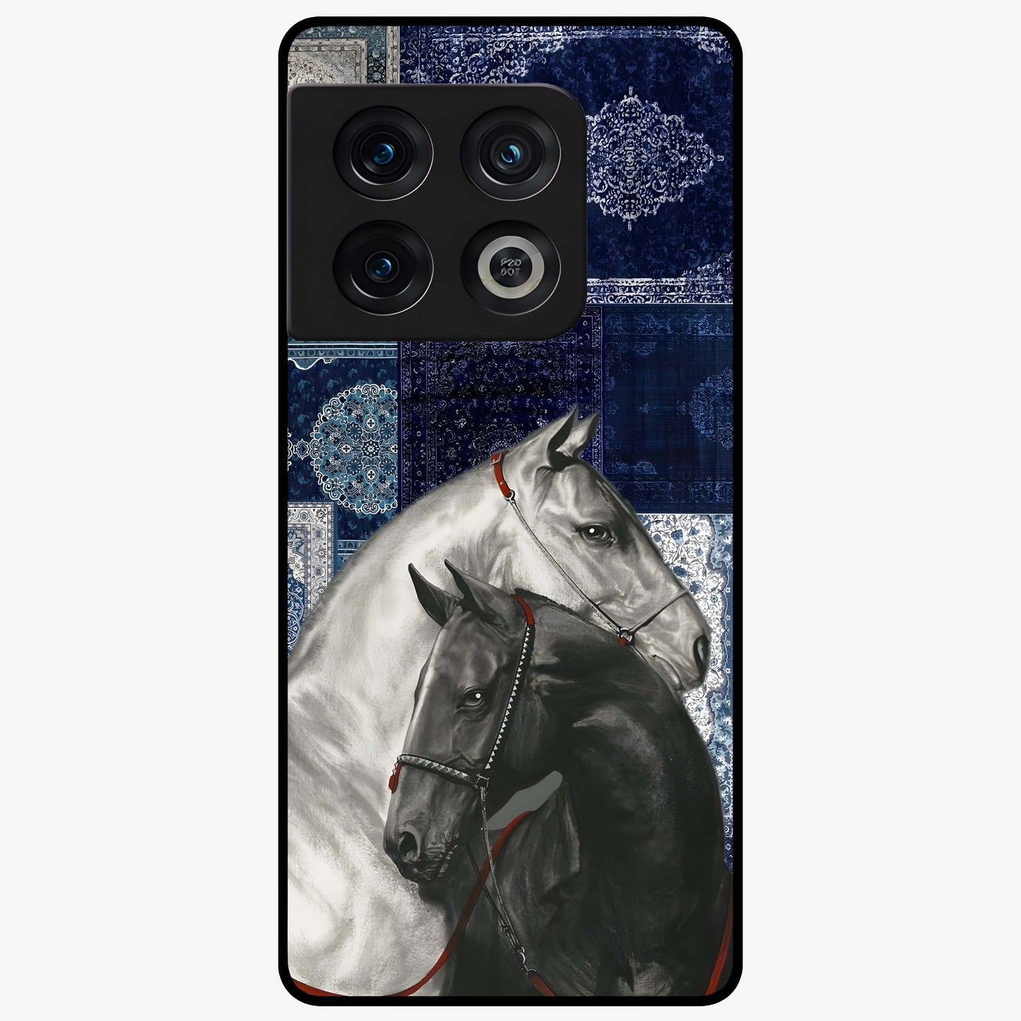 Midnight Stallion Blues Glass Case showing flat back view with majestic horse artwork and glossy glass finish.