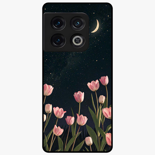 Midnight Tulip Whispers Vibe Glass Case showing flat back view with elegant tulip flower artwork and glossy glass finish.