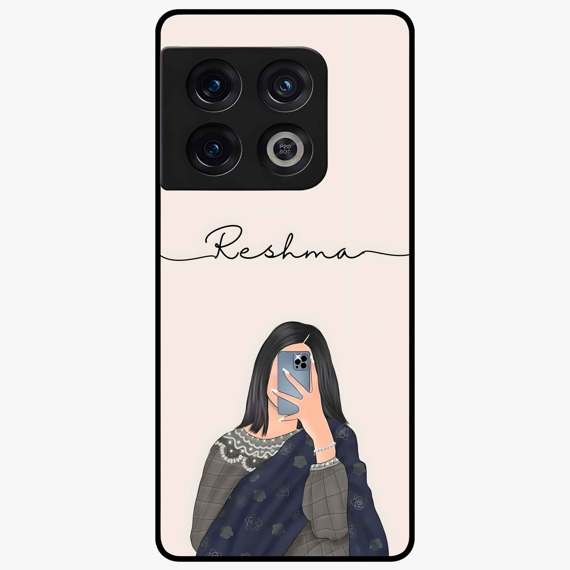 Mirror Mood Muse With Custom Name Glass Case showing flat back view with stylish mirrored artwork and personalized name design.