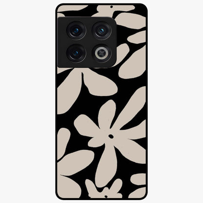 Monochrome Petal Dance Glass Case showing flat back view with monochrome floral artwork and glossy glass finish.