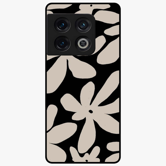 Monochrome Petal Dance Glass Case showing flat back view with monochrome floral artwork and glossy glass finish.