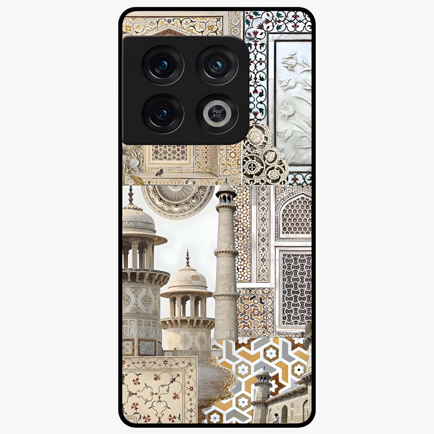 Mughal Marble Legacy Glass Case showing flat back view with intricate Mughal inspired marble pattern and glossy glass finish.