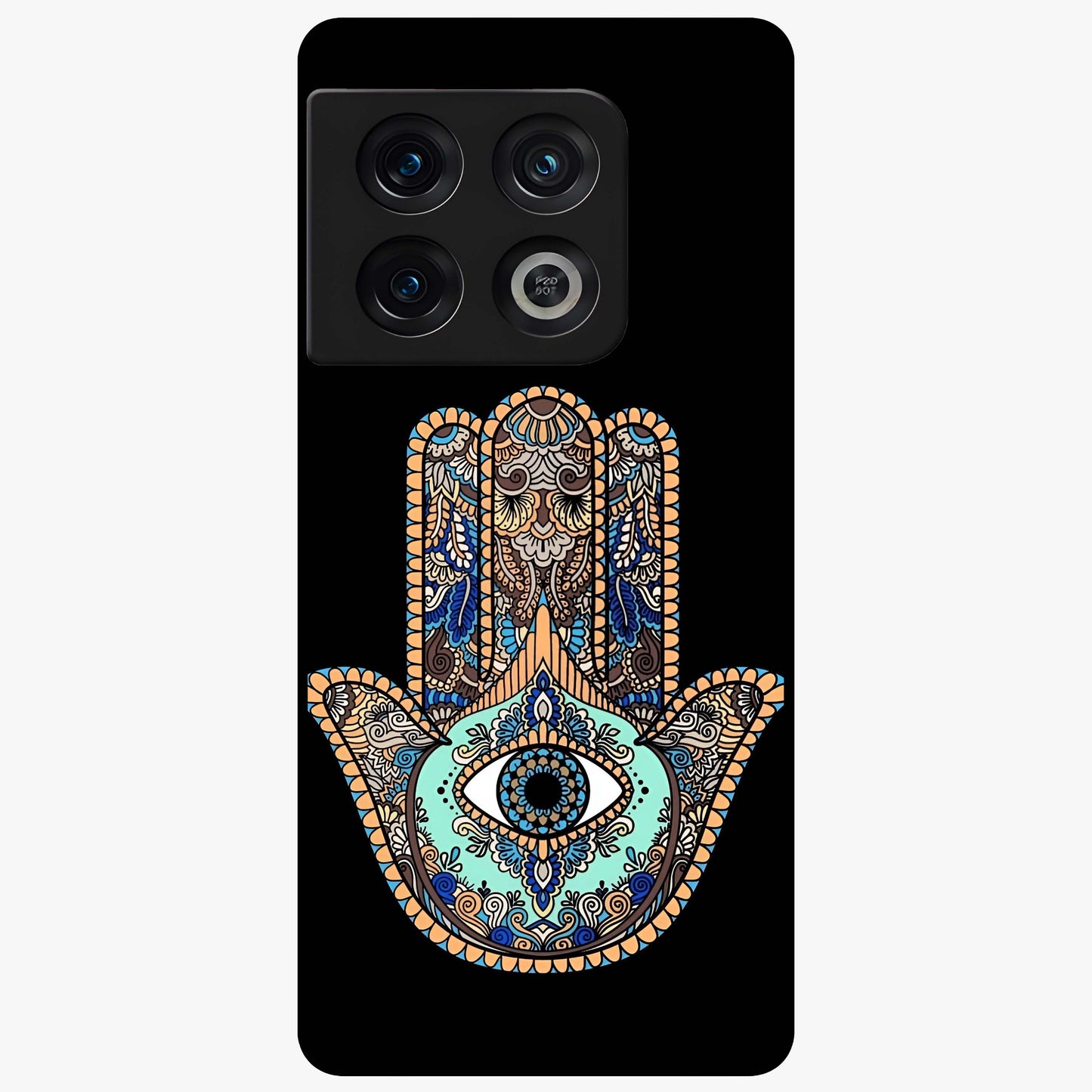 Mystic Hamsa Eye Glass Case showing flat back view with protective hamsa hand and evil eye artwork and glossy glass finish.
