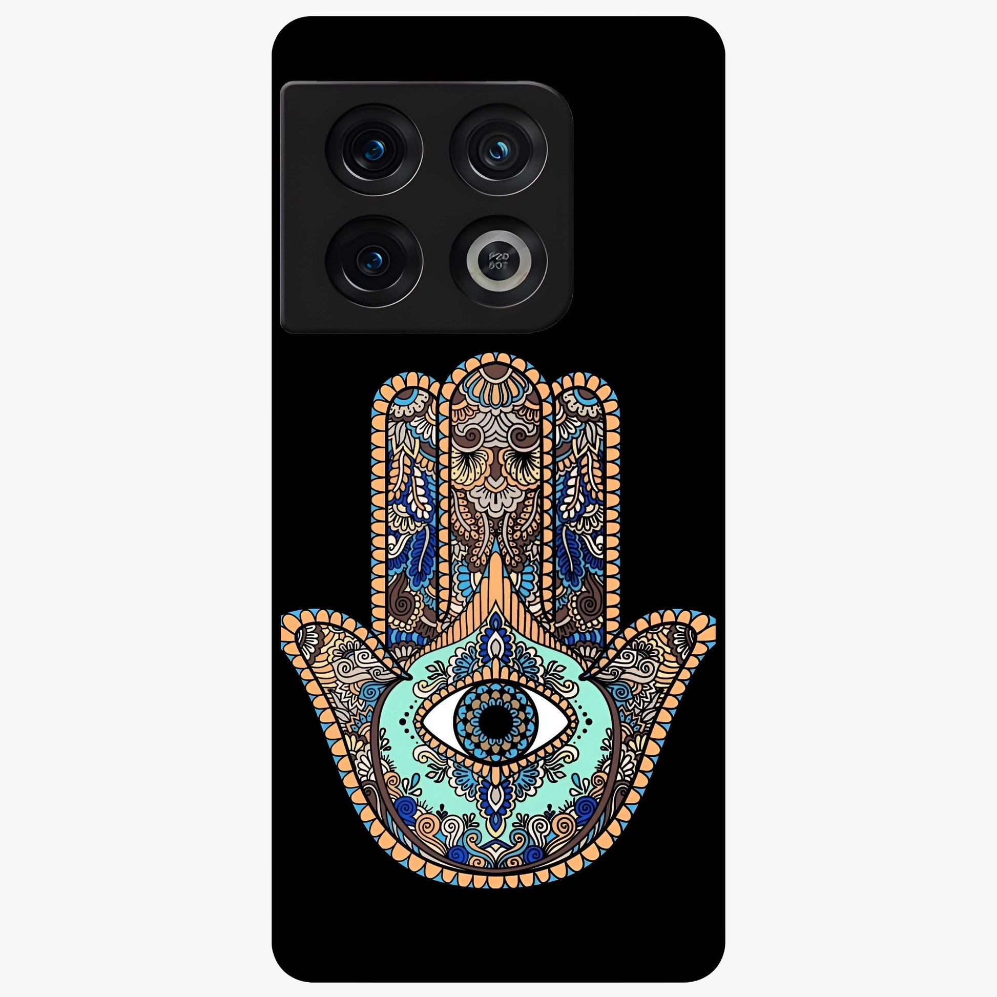 Mystic Hamsa Eye Glass Case showing flat back view with protective hamsa hand and evil eye artwork and glossy glass finish.