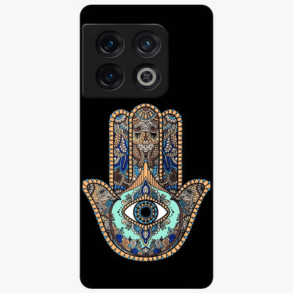 Mystic Hamsa Eye Glass Case showing flat back view with protective hamsa hand and evil eye artwork and glossy glass finish.