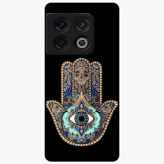 Mystic Hamsa Eye Glass Case showing flat back view with protective hamsa hand and evil eye artwork and glossy glass finish.