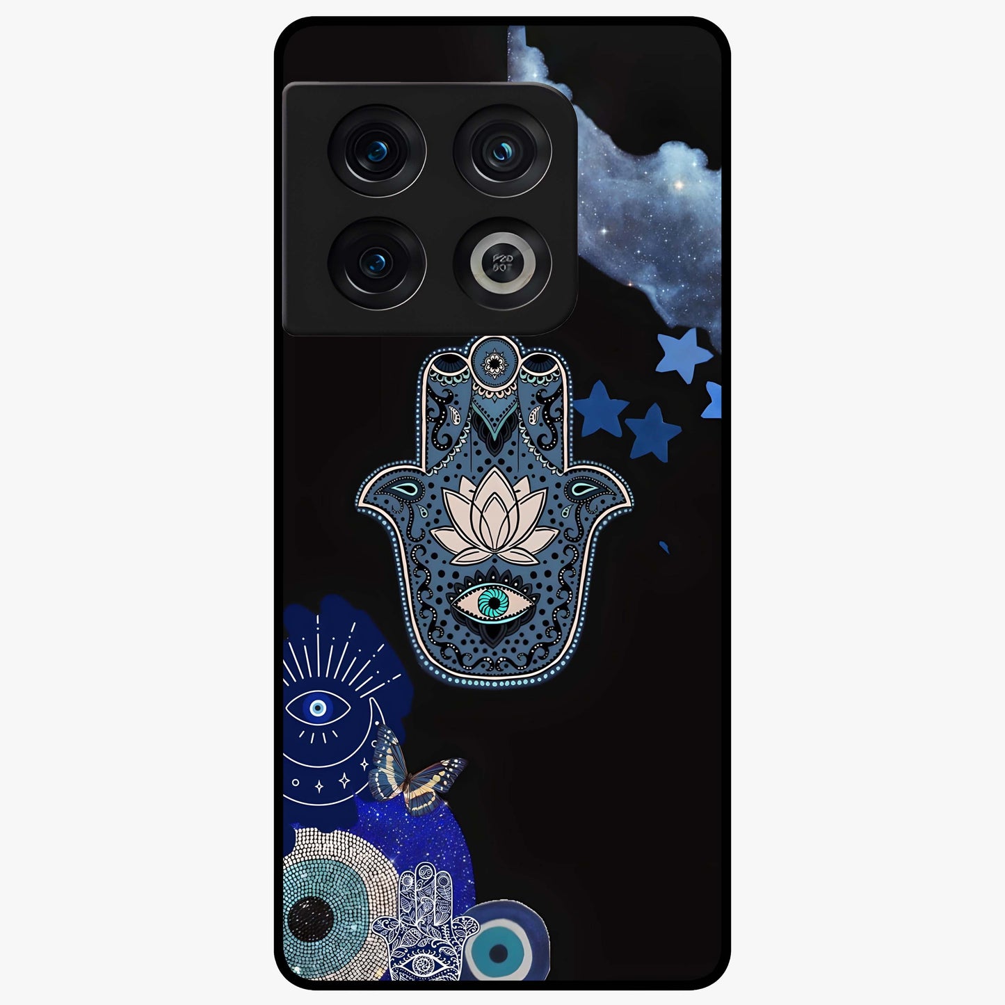 Mystic Hand Aura Glass Case showing flat back view with mystical hand symbol artwork and glossy glass finish.