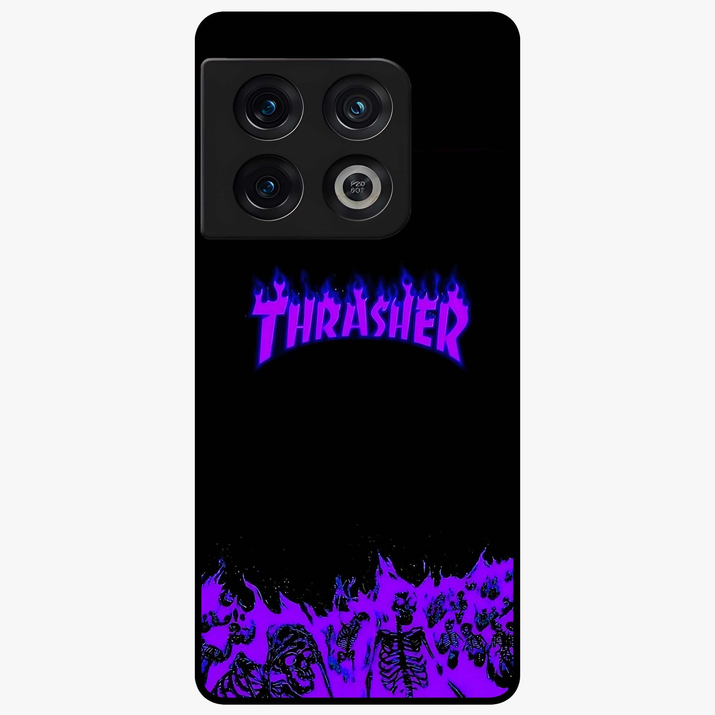 Neon Flame Riot Glass Case showing flat back view with neon flame artwork and glossy glass finish.