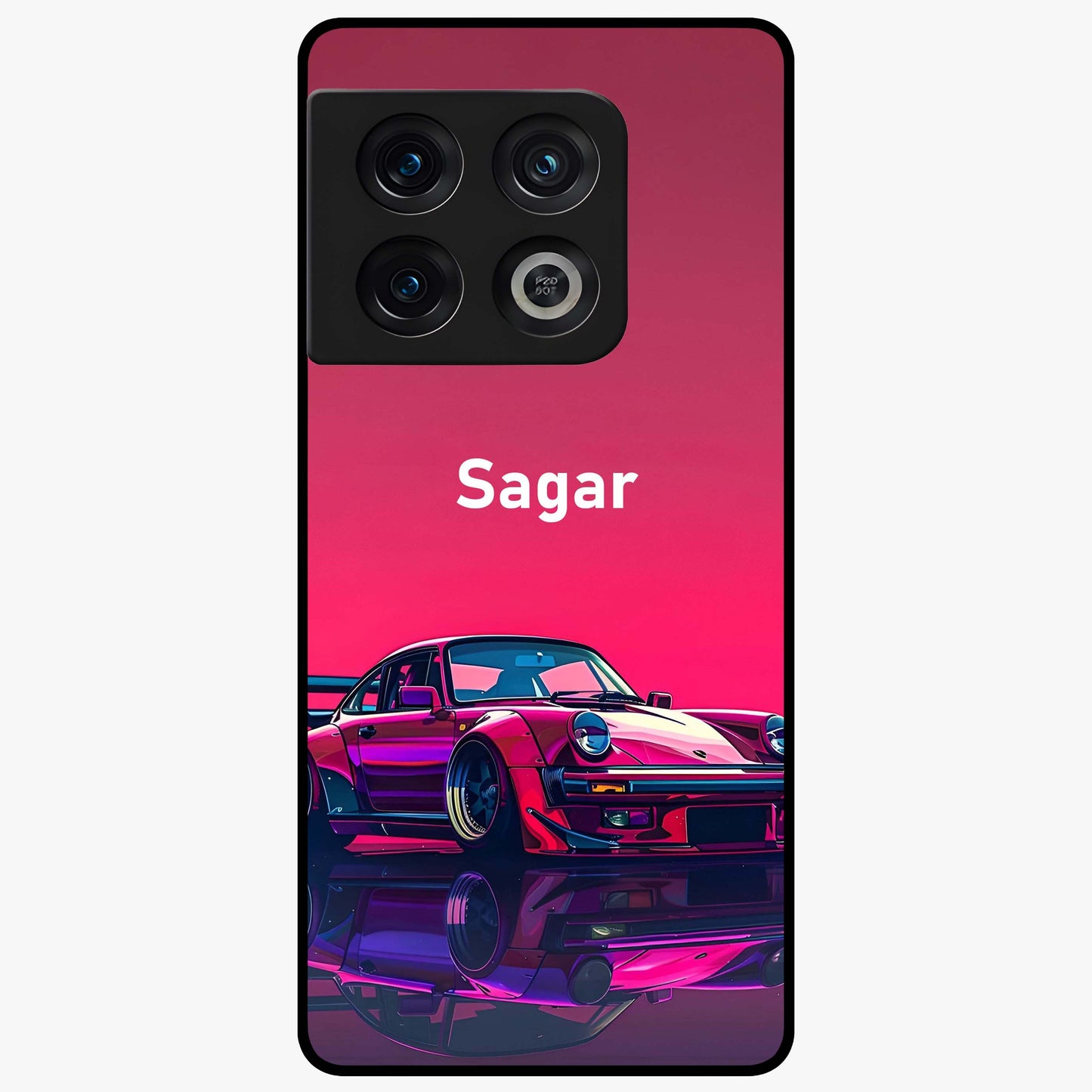 Neon Pink Porsche Glass Case showing flat back view with stylish sports car artwork and glossy glass finish.