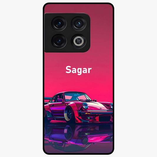 Neon Pink Porsche Glass Case showing flat back view with stylish sports car artwork and glossy glass finish.