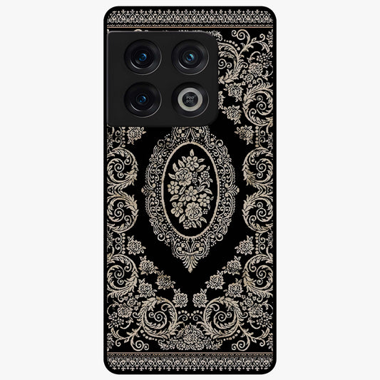 Noir Bloom Elegance Glass Case showing flat back view with elegant dark floral artwork and glossy glass finish.