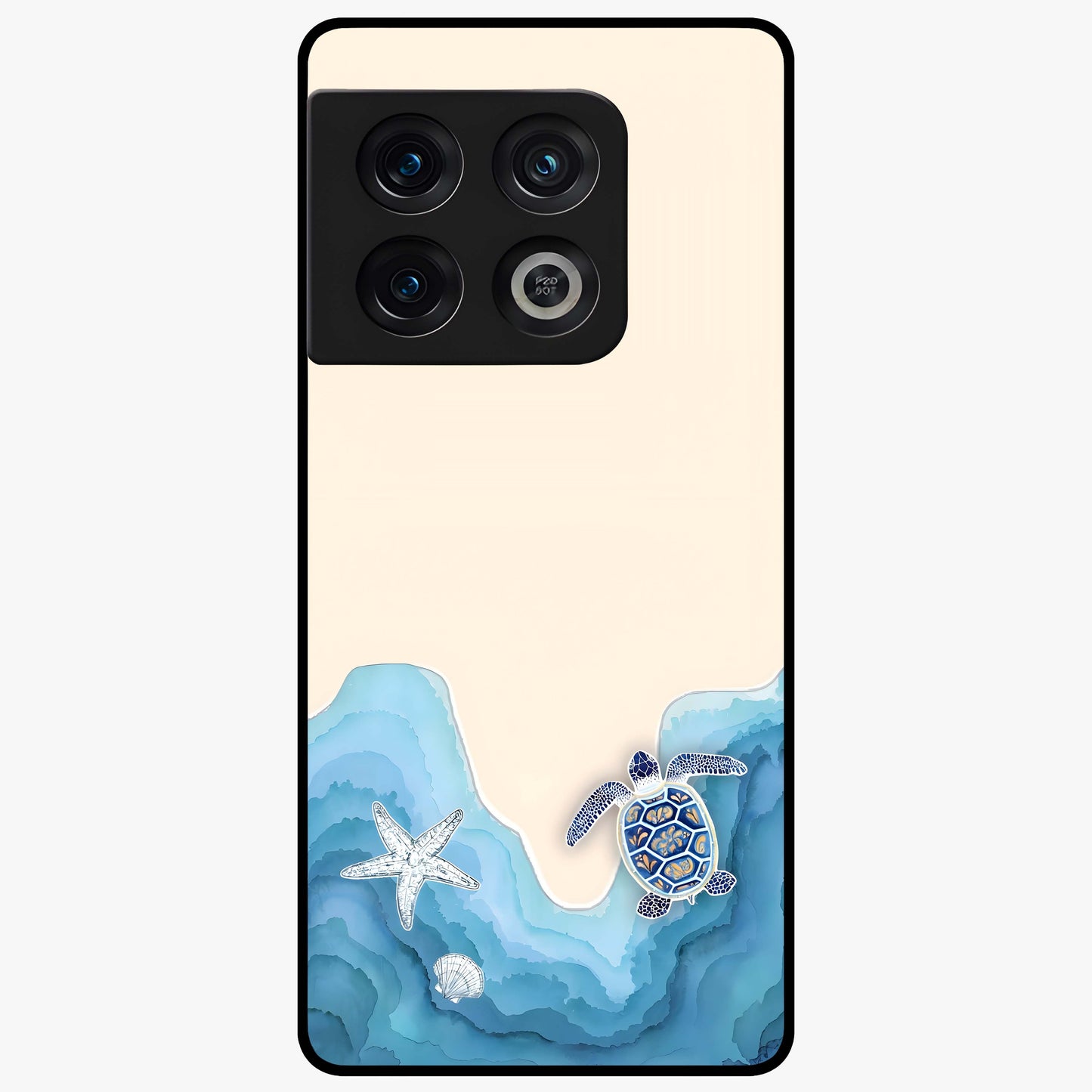 Ocean Drift Turtle Glass Case showing flat back view with sea turtle artwork and glossy glass finish.