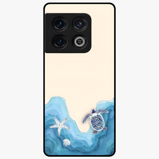 Ocean Drift Turtle Glass Case showing flat back view with sea turtle artwork and glossy glass finish.