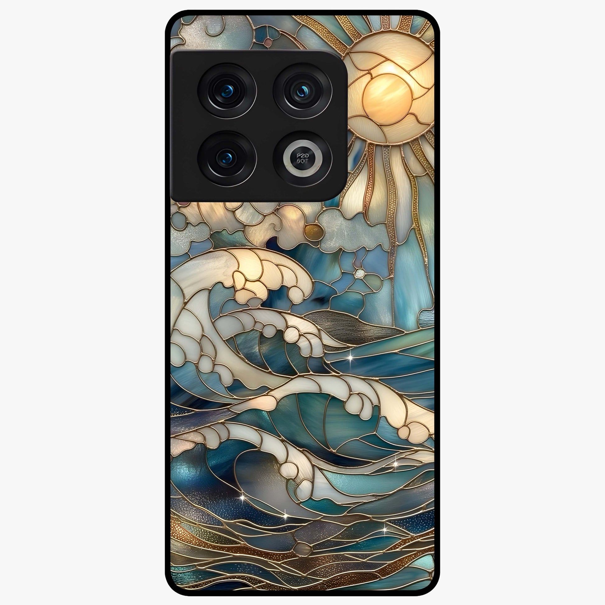 Oceanic Stained Printed Glass Case showing flat back view with ocean inspired stained pattern artwork and glossy glass finish.