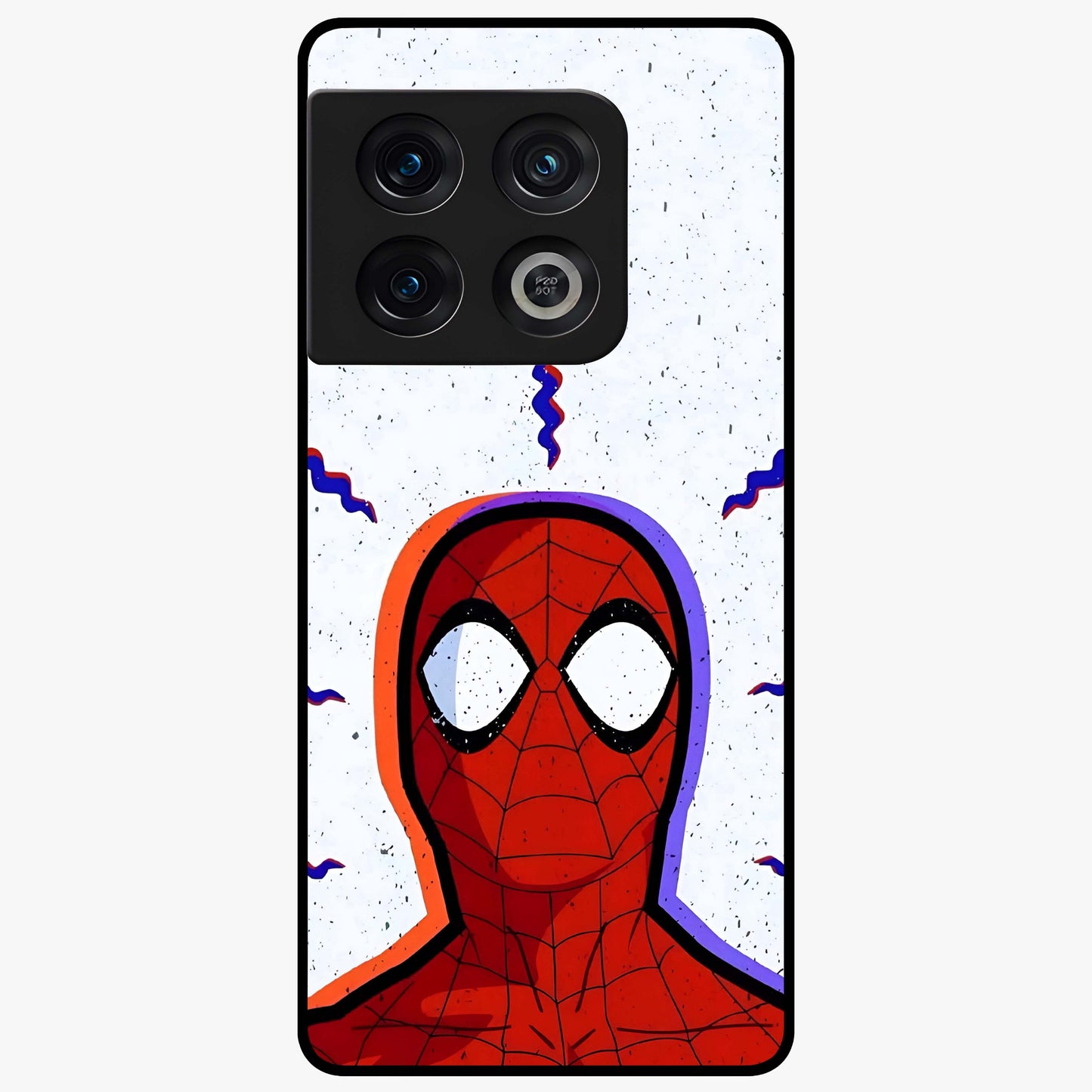 Omg Spiderman Glass Case showing flat back view with bold superhero inspired artwork and glossy glass finish.